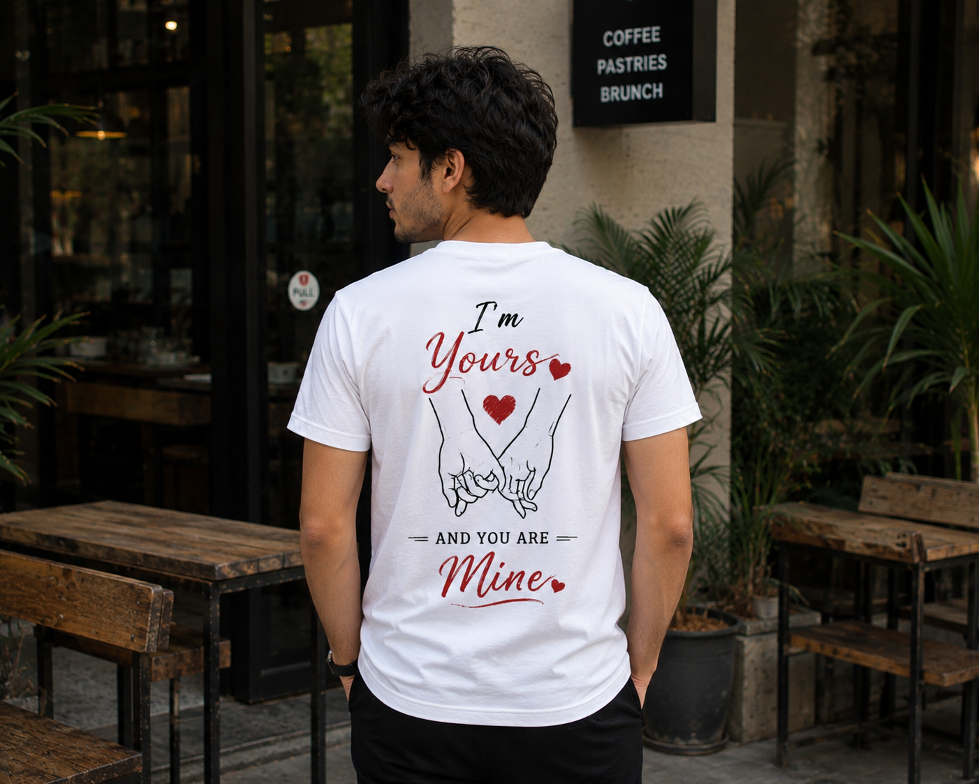 Couple Love Graphic Printed White T-Shirt for Men | Her One Front Print & I'm Yours And You Are Mine Back Print | Casual Round Neck Half Sleeve Tee