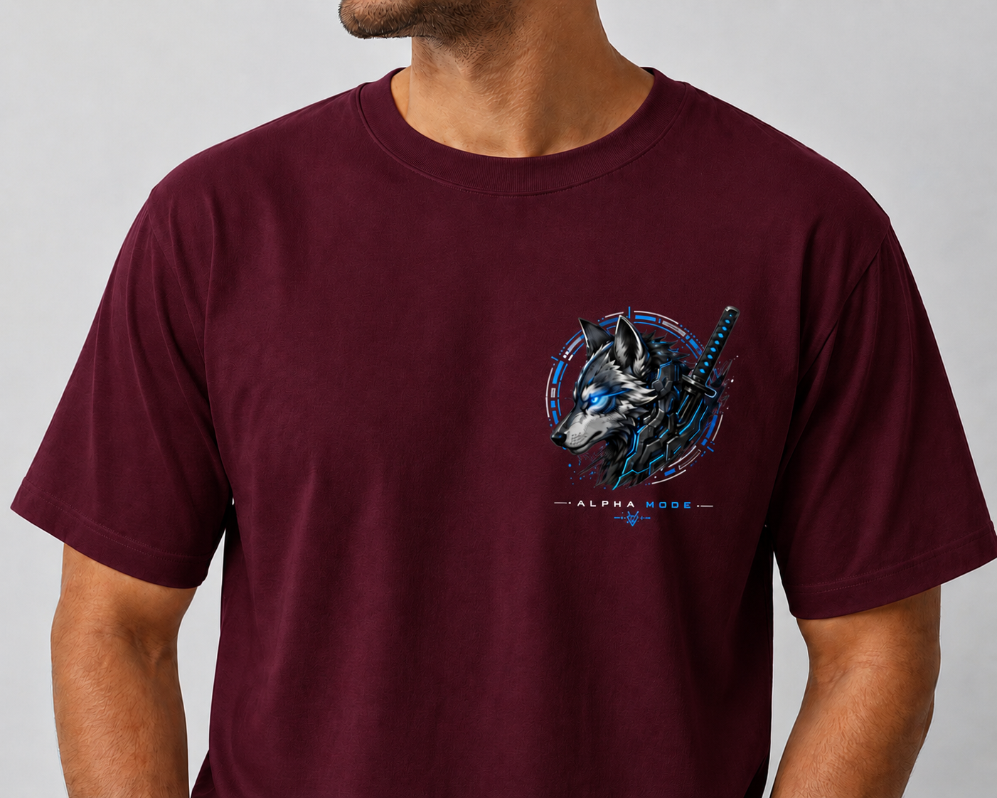Alpha Mode Cyber Wolf Graphic Printed T-Shirt for Men | Front & Back Print Anime Streetwear Tee | Regular Fit Round Neck T-Shirt