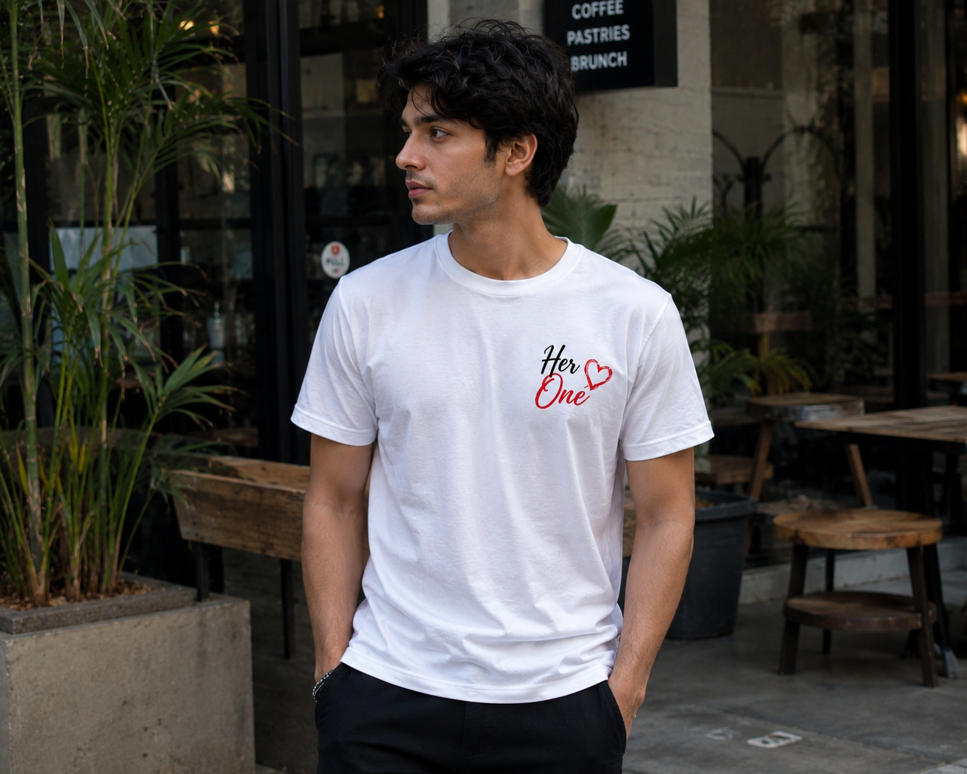Couple Love Graphic Printed White T-Shirt for Men | Her One Front Print & I'm Yours And You Are Mine Back Print | Casual Round Neck Half Sleeve Tee