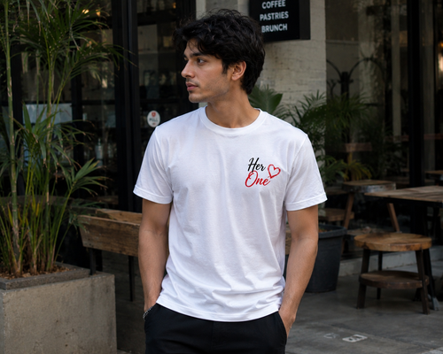 Couple Love Graphic Printed White T-Shirt for Men | Her One Front Print & I'm Yours And You Are Mine Back Print | Casual Round Neck Half Sleeve Tee