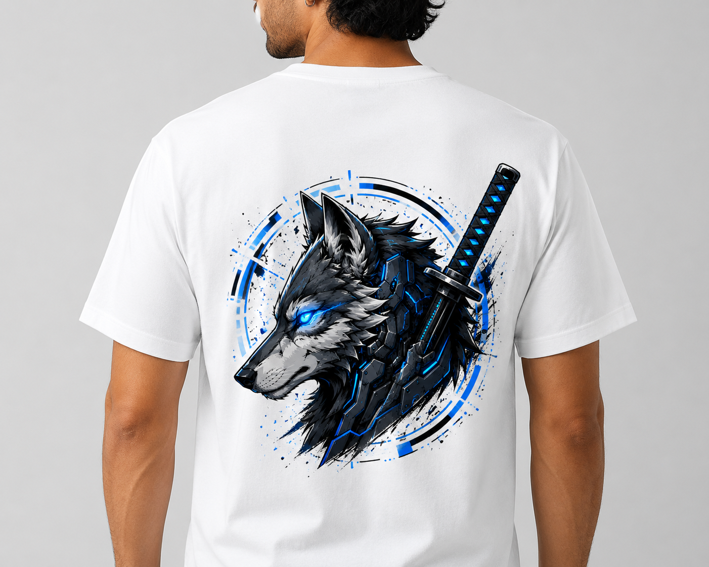 Alpha Mode Cyber Wolf Graphic Printed T-Shirt for Men | Front & Back Print Anime Streetwear Tee | Regular Fit Round Neck T-Shirt