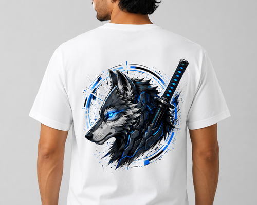 Alpha Mode Cyber Wolf Graphic Printed T-Shirt for Men | Front & Back Print Anime Streetwear Tee | Regular Fit Round Neck T-Shirt