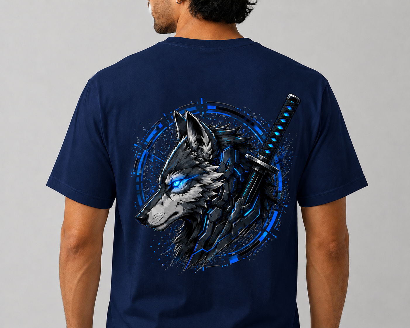 Alpha Mode Cyber Wolf Graphic Printed T-Shirt for Men | Front & Back Print Anime Streetwear Tee | Regular Fit Round Neck T-Shirt