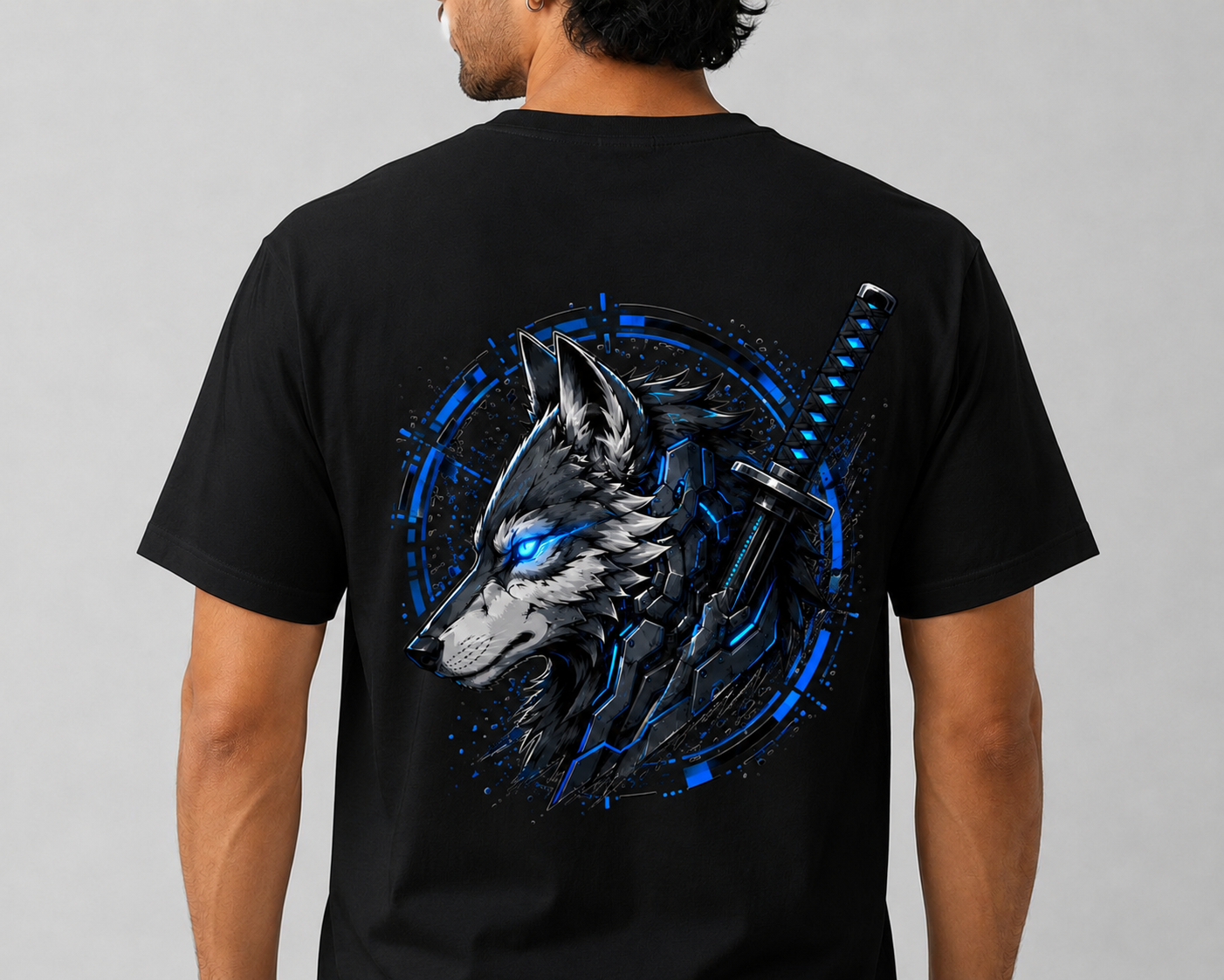 Alpha Mode Cyber Wolf Graphic Printed T-Shirt for Men | Front & Back Print Anime Streetwear Tee | Regular Fit Round Neck T-Shirt