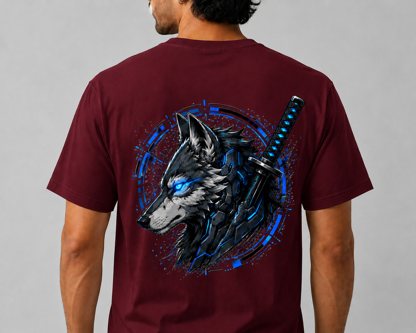 Alpha Mode Cyber Wolf Graphic Printed T-Shirt for Men | Front & Back Print Anime Streetwear Tee | Regular Fit Round Neck T-Shirt