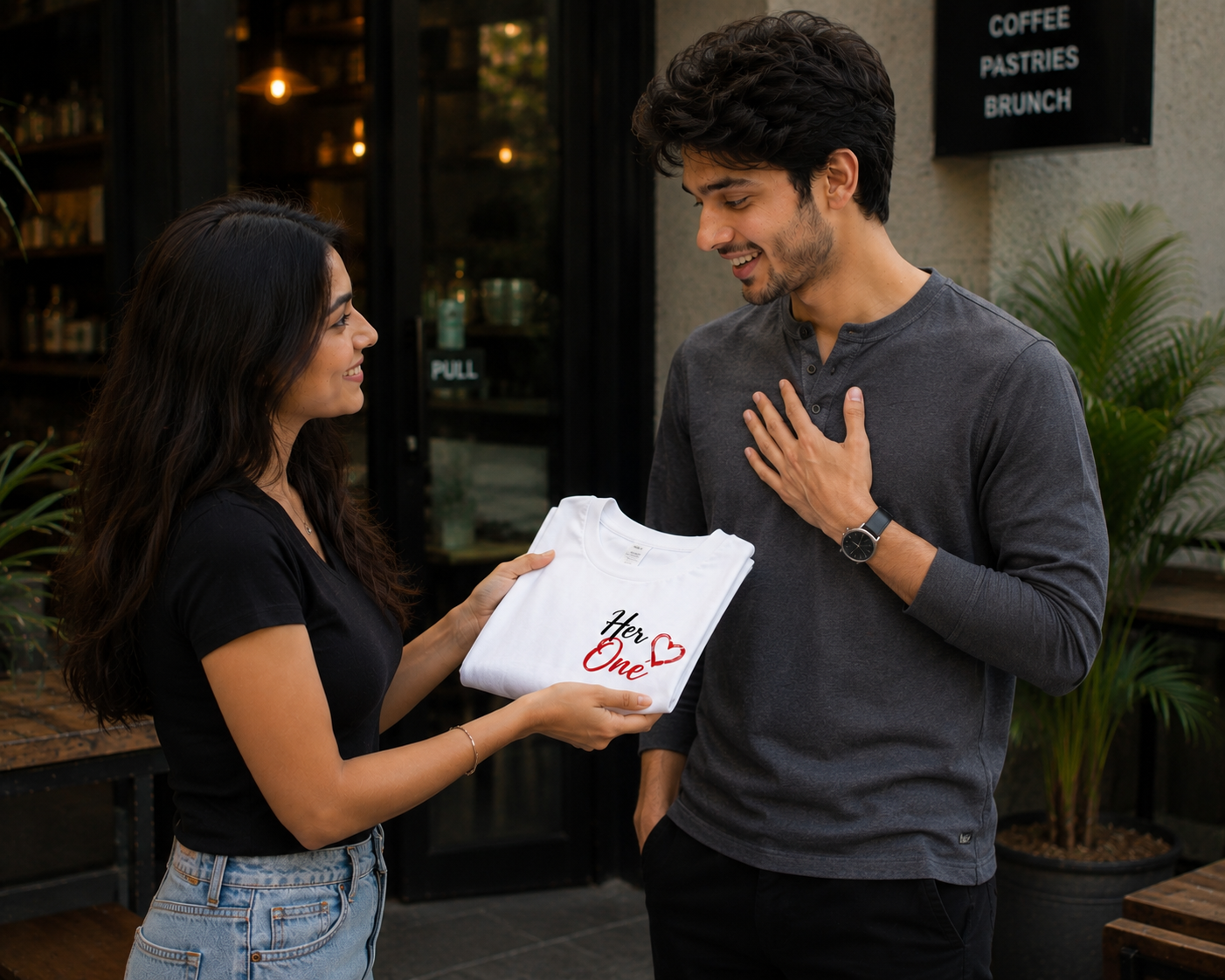Couple Love Graphic Printed White T-Shirt for Men | Her One Front Print & I'm Yours And You Are Mine Back Print | Casual Round Neck Half Sleeve Tee