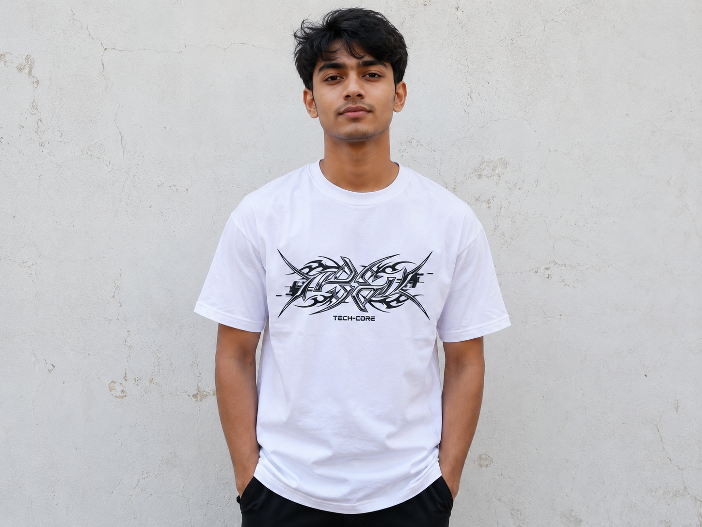 Premium white oversized Tech-Core graphic T-shirt for men. Soft cotton fabric, bold Y2K streetwear design, regular fit, perfect for everyday wear.