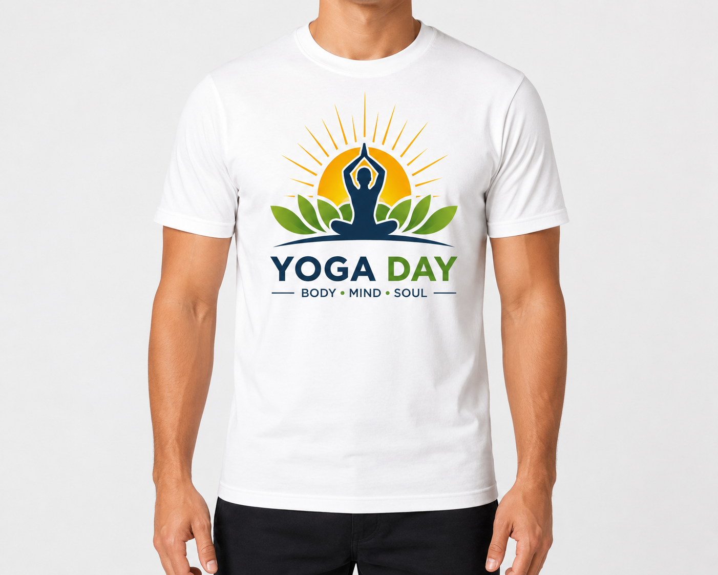 International Yoga Day T-Shirt for Men & Women | Premium 200 GSM Cotton Blend Graphic Yoga Tee | Body Mind Soul Printed White T-Shirt