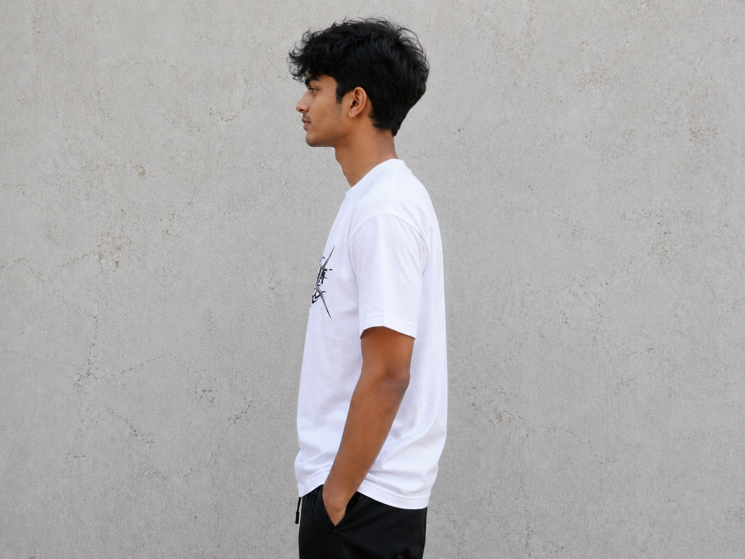 Premium white oversized Tech-Core graphic T-shirt for men. Soft cotton fabric, bold Y2K streetwear design, regular fit, perfect for everyday wear.