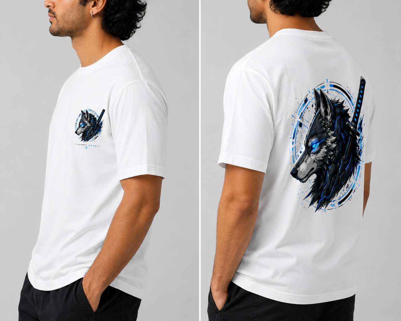 Alpha Mode Cyber Wolf Graphic Printed T-Shirt for Men | Front & Back Print Anime Streetwear Tee | Regular Fit Round Neck T-Shirt